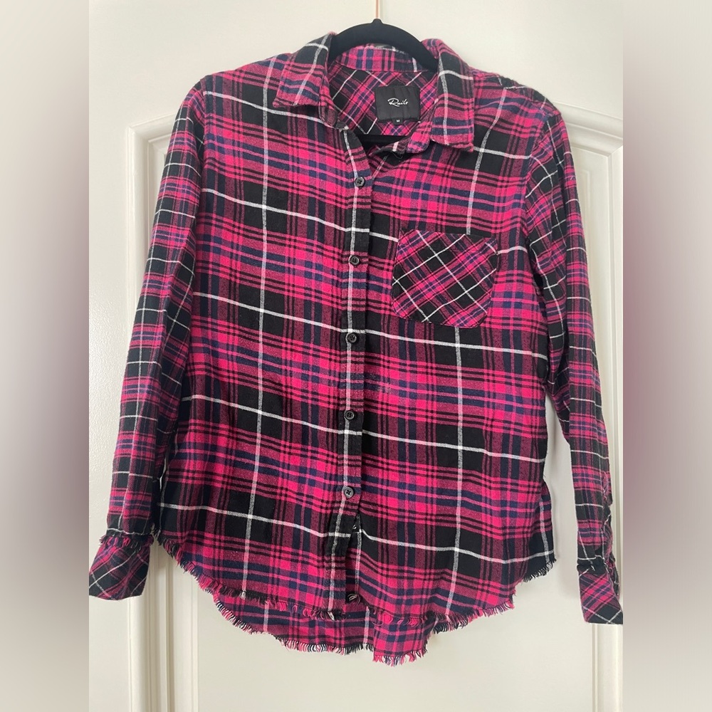 Pink/ black/ navy flannel button up shirt